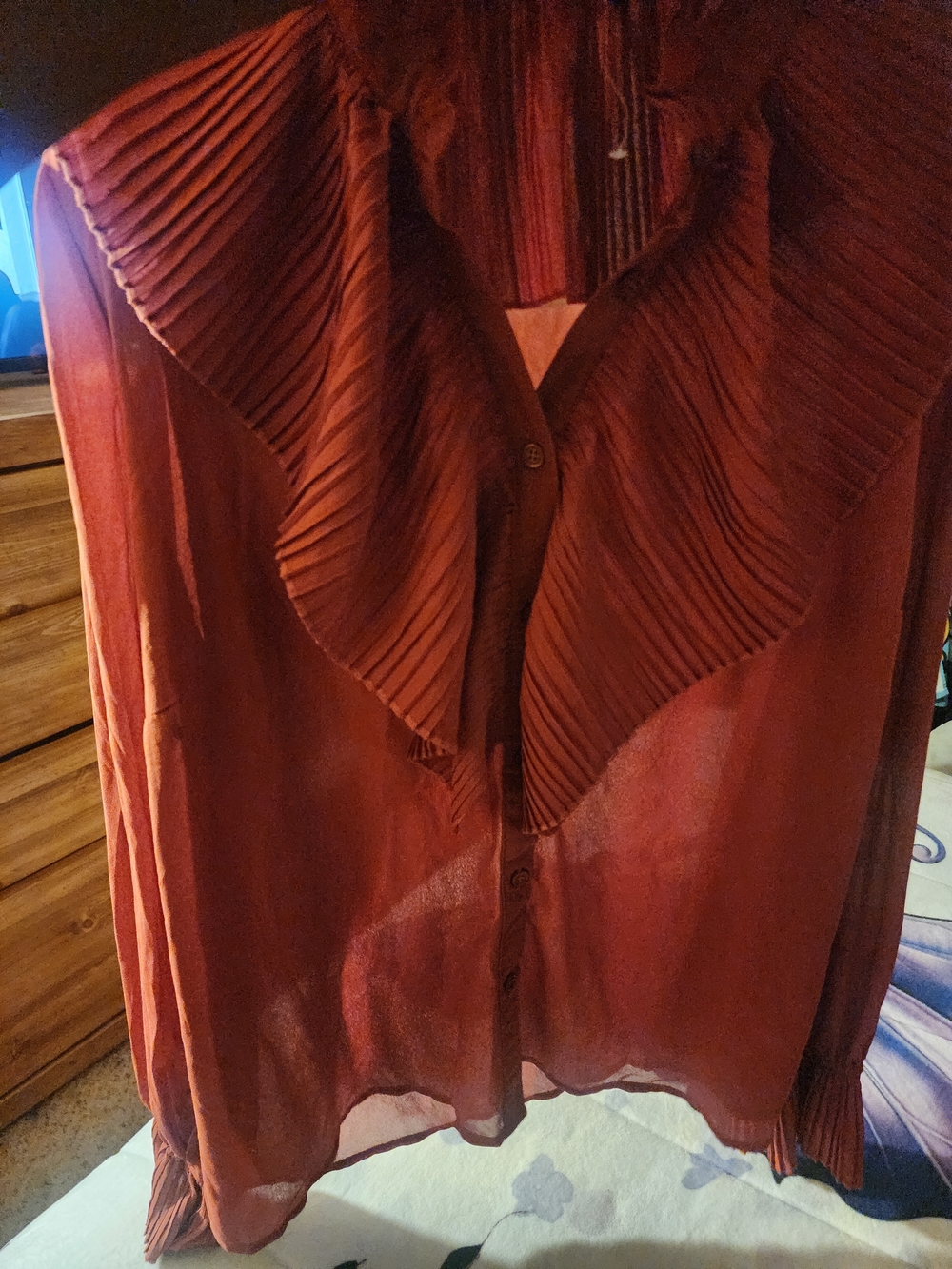 Women's Rust Pleated Ruffle-Front Blouse